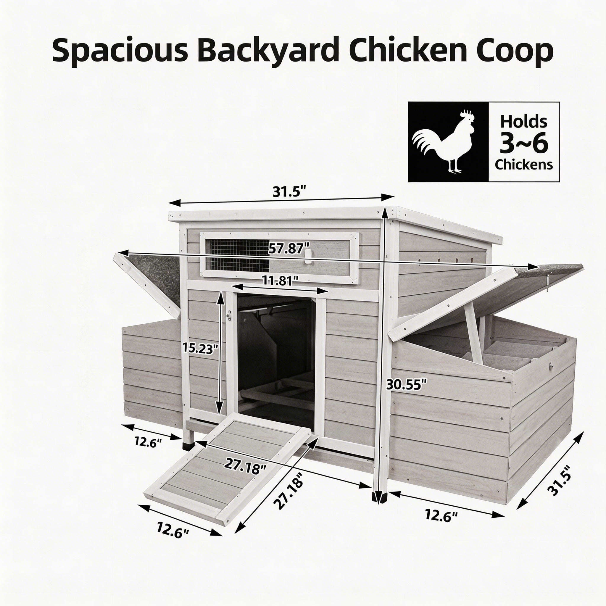 Backyard Chicken Coop with Nesting Box, Weather Resistant Wooden Hen House, Walk-In Run Options, Fits 2-6 Chickens, Gray Coop