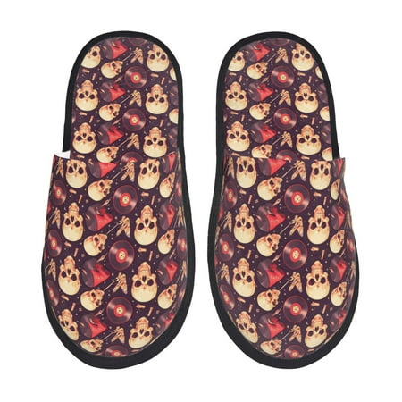 Balery cool rock Skull record Slient Indoor Furry Fleece Comfort House Shoes Soft Non-Slip Home Shoes Cotton slippers House Slippers-- Medium