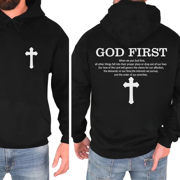 God First Christian Double Sided Hoodie – Bold Faith Quote Pullover with Cross Graphic, Religious Streetwear for Men & Women, Daily Reminder Faith-Based Hoodie