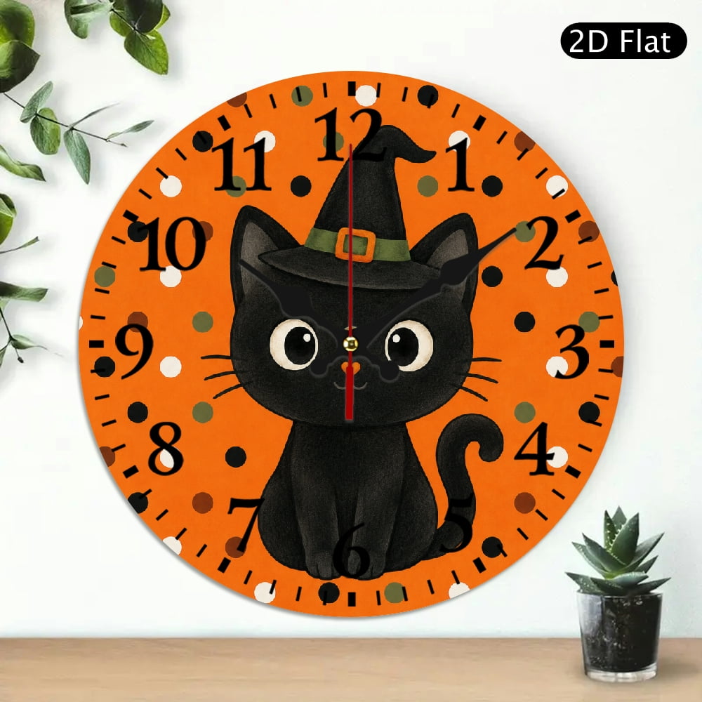 ZFLMY Witch Black Cat Polka Dot Wall Clock Battery Operated Battery Operated (AA Not Included), Wall art Decor Lobby Corridor Dining Room Bedroom Office Classroom