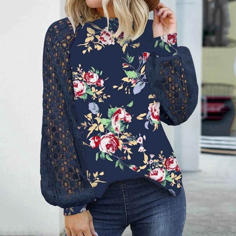 HAPIMO Rollbacks Fashion Shirts for Women Round Neck Pullover Floral Print  Lace Splicing Hollow Tops Long Sleeve Blouse Cozy Casual Sweatshirt Basic  Clothes for Women Navy S 