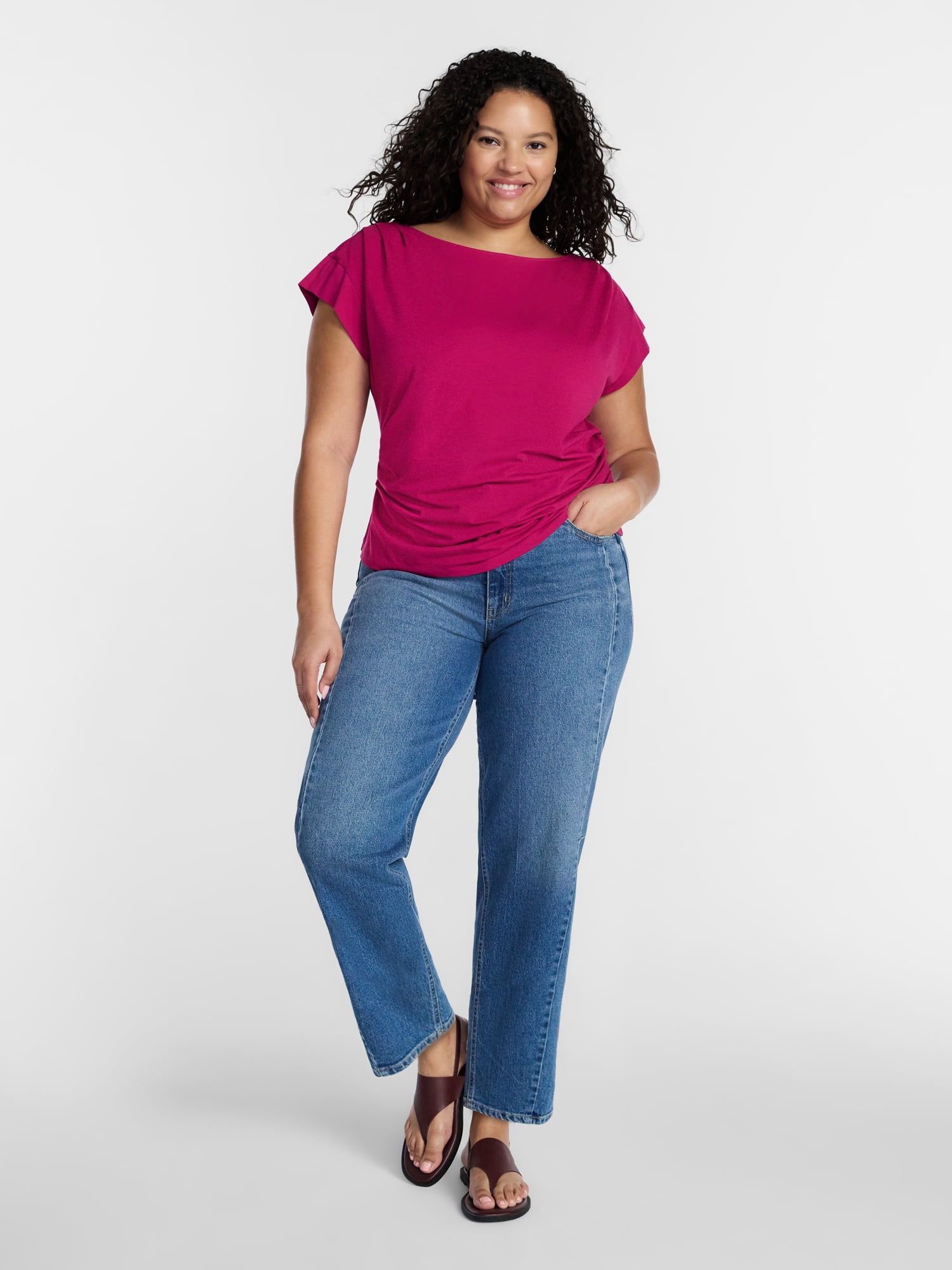 Terra & Sky Women’s Plus Pleated Shoulder Top with Short Sleeve, Size 0X-5X