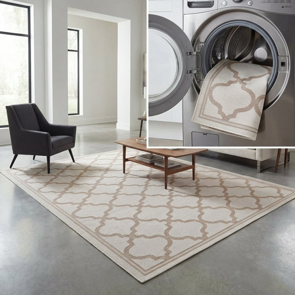 SAFAVIEH Machine Washable Rug Indoor/Outdoor Bermuda Collection - Bermuda Tamaya Geometric Machine Washable Indoor/Outdoor Area Rug, Ivory/Beige, 4' x 6'