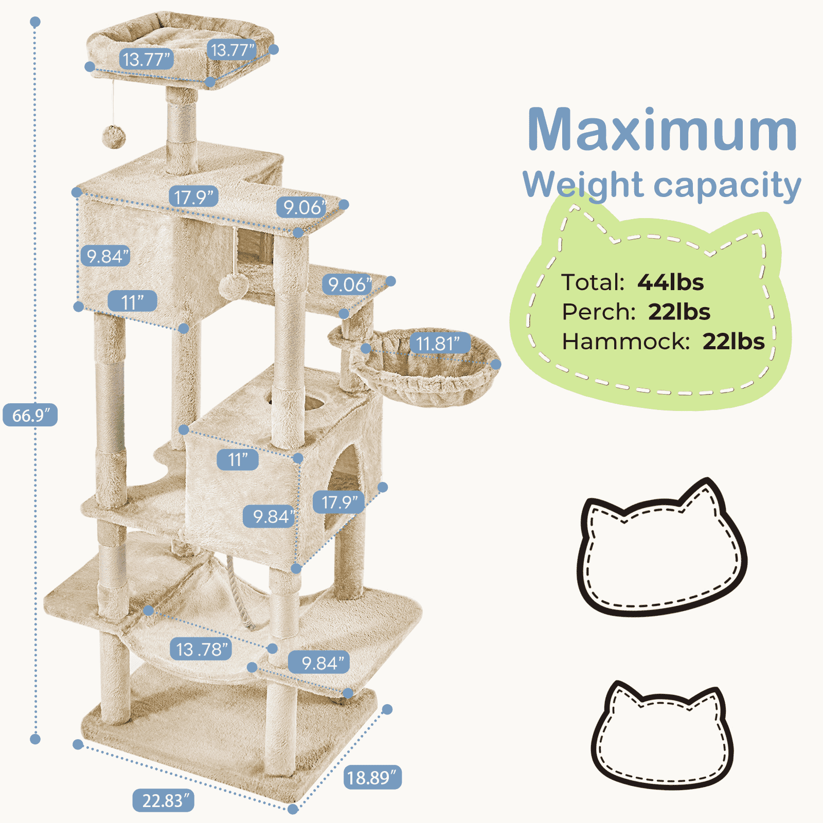MAYEERTY 66-inch Cat Tree Tower Multi-Cat Climbing Extended Platform Hammock Pet House