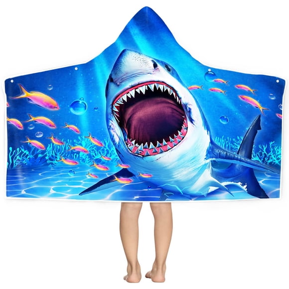 Toalla de Playa Tiburón para Niños con Capucha, Toalla con Capucha de Animales Marinos para Niños 76 cm x 127 cm, Toalla de Baño Poncho de Microfibra Absorbente y Suave para Piscina y Natación