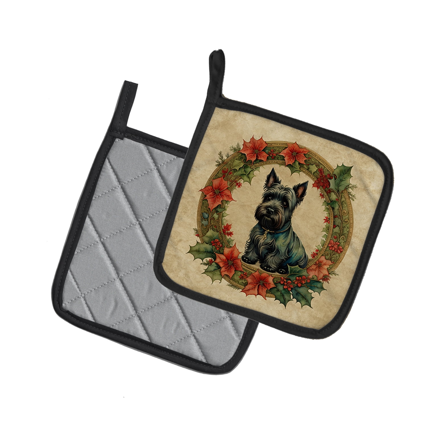 Scottish Terrier Christmas Flowers Pair of Pot Holders 7.5 in x 7.5 in