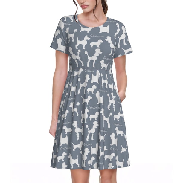 Disketp Poodle Dog para Vestido de Manga Corta para Mujeres, Vestidos de Verano para Mujeres, Casual y Holgado para la Playa