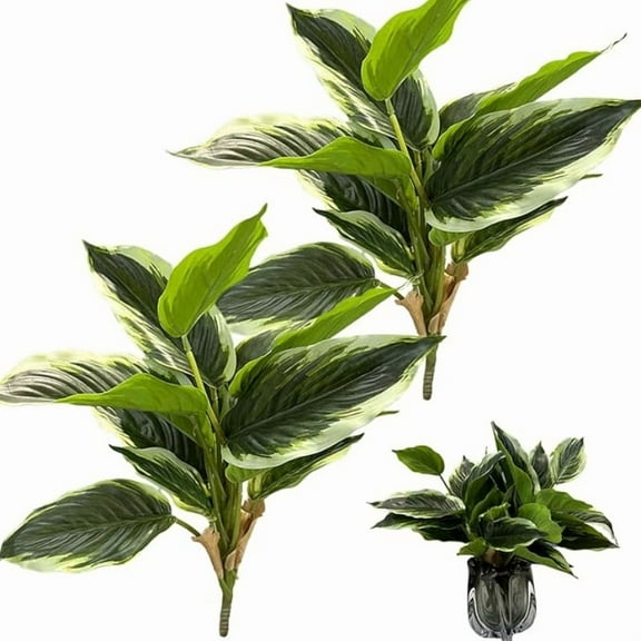 ZOELNIC 2Pack Artificial Variegated Hosta Plants 17.7" Fake Plants Green Realistic Faux Plants for Home Office House Desk Shelf Living Room Bathroom Kitchen Greenery Decoration (No Pot)