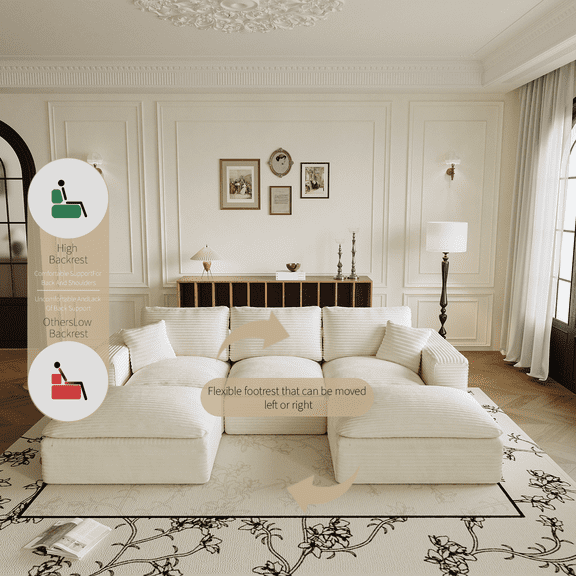 108" Beige Cloud Sectional Couch with L-Shape Chaise, Modular Sofa, Plush Corduroy Fabric, Deep Seat, No Assembly Required, Living Room & Bedroom Furniture