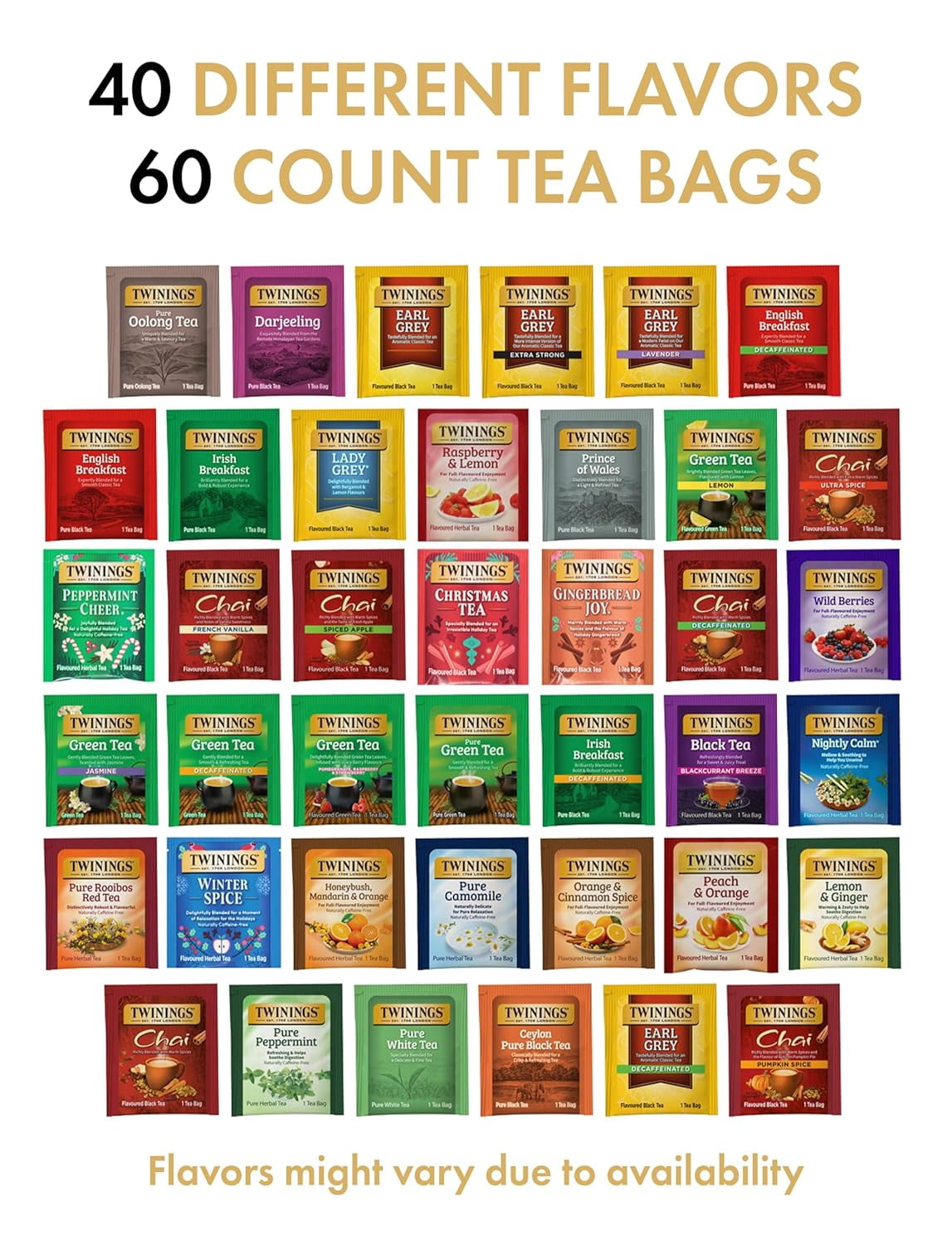 Twinings Tea Bag Sampler Variety with Bamboo Organizer (60 Tea Bags) 40 Different Flavors, Gift for Tea Lovers: Women, Men, Mom, Dad, Family, Friends, Couples