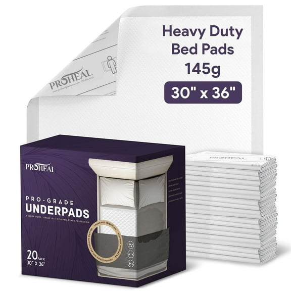 ProHeal Heavy Duty Incontinence Bed Pads 30" x 36" - 20 ct.- With 375 lb Lift Capacity Ultra Absorbent Disposable Chucks Underpads for Adults - XL Pee - Overnight Absorbance, Waterproof Bed Protector