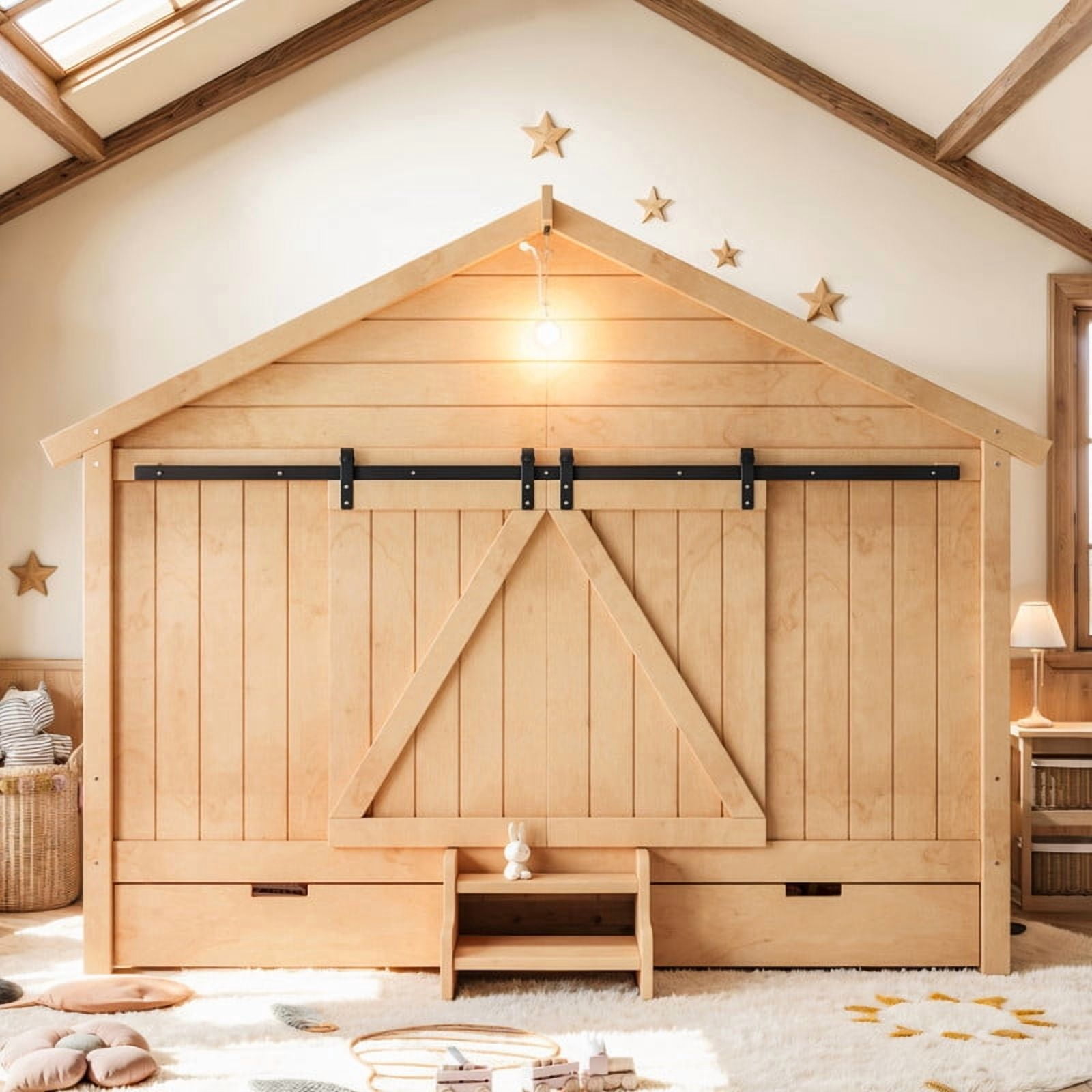 Twin Size Farmhouse House Bed with Sliding Barn Doors & Light Bulb, Wood Kid's Platform Bed Frame with Stair & Drawers