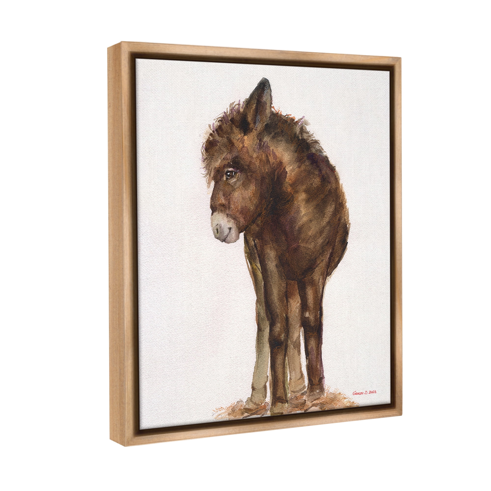 Stupell Industries Smiling Donkey Foal Animals & Insects Painting Brown Floater Framed Canvas Art Print Wall Art, 17 x 21