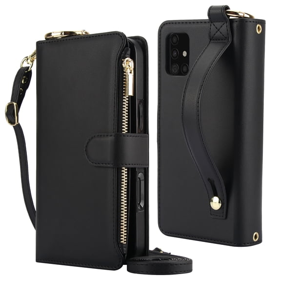 Decase Crossbody Wallet Case for Samsung Galaxy A51 RFID Blocking 6-Card Holder Soft PU Leather Adjustable Shoulder Strap Zipper Pocket Metal Buckle Wristband Phone Case for Galaxy A51 4G,Black