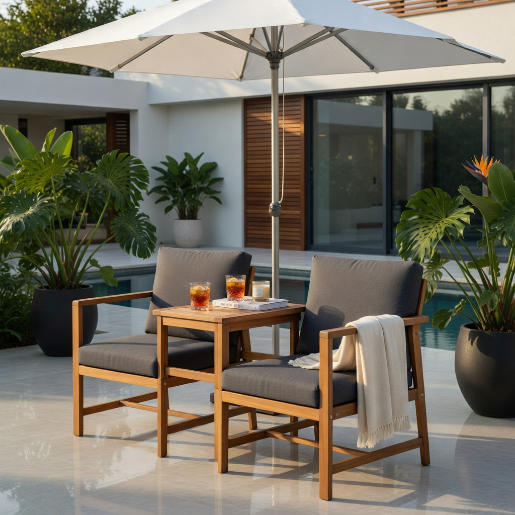 Hommoo 3-Piece Acacia Wood Outdoor Loveseat Set with Detachable Coffee Table & Removable Cushions, Teak Patio Furniture for Backyard, Balcony & Poolside, Natural