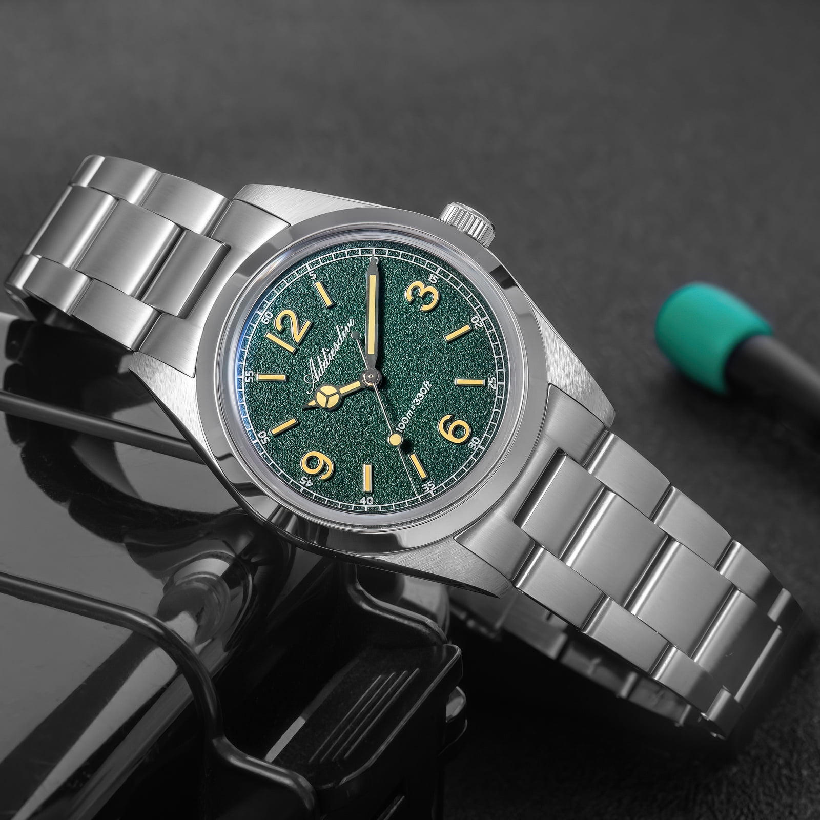 ADDIESDIVE Watches for Men Diver 100m Waterproof, 316L Stainless Steel, Japanese Quartz Movement,Luminous Green Dial