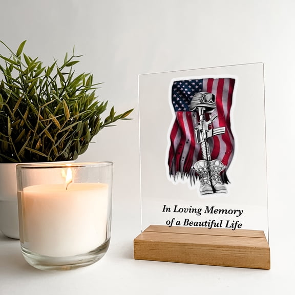 Custom Personalized Wood Table Stand In Loving Memory Condolence Remembrance Loss, Fallen Soldier, Military, American Flag Memorial Gift