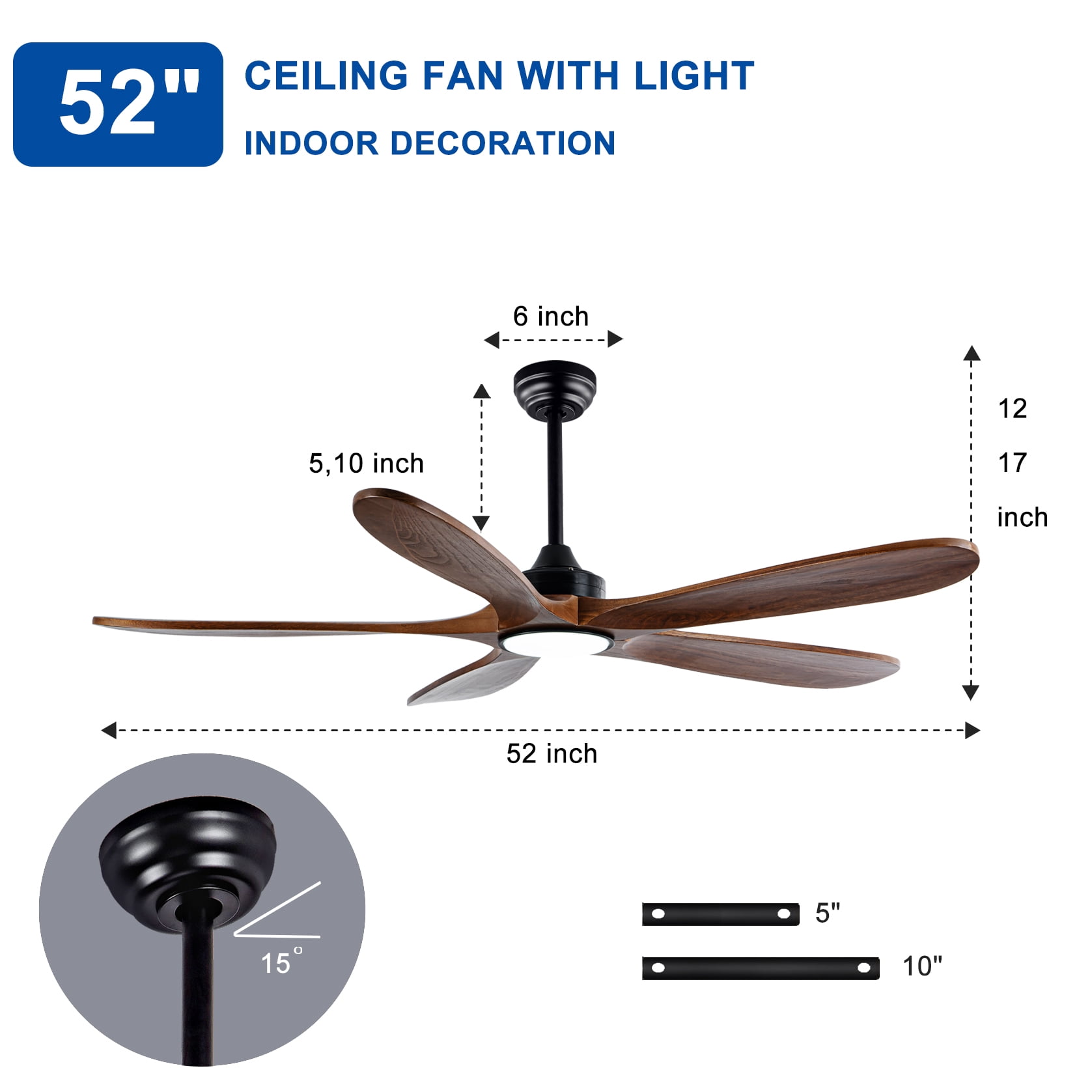 Mintazer 52 in Ceiling Fan with Lights and Remote, Modern Ceiling Fan with 6 Speed & 5 Blade for Farmhouse Bedroom Living Room Gazebo Patio, Brown