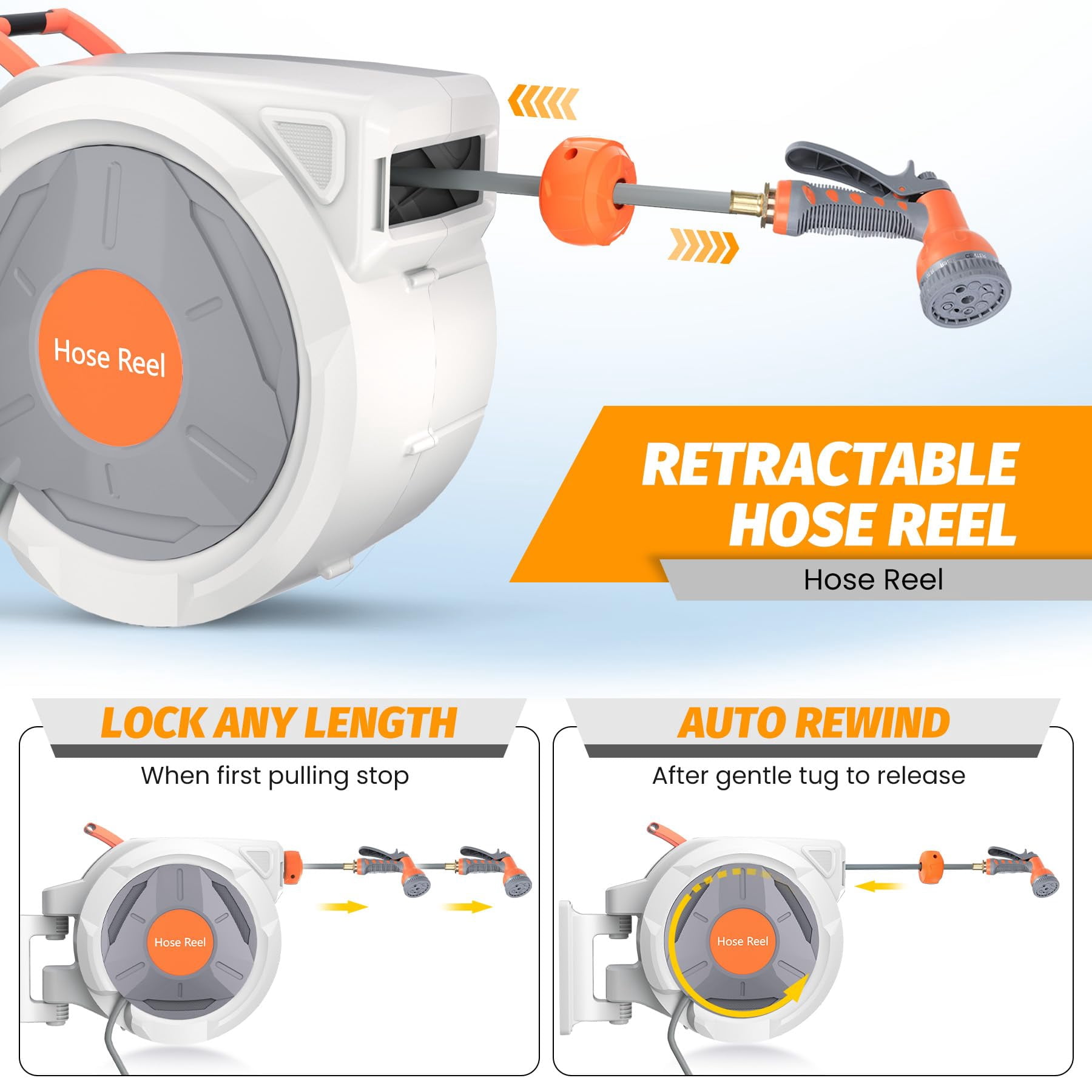 Retractable Garden Hose Reel, with 9 Patterns Nozzle, Any Length Lock, Upgraded Slow Return System and 180°Swivel Bracket, 1/2 Inch x 130 ft Wall Mounted
