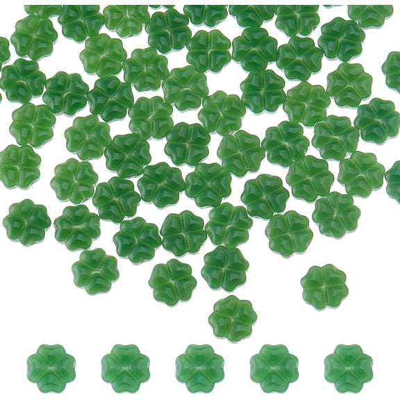 Hobbspring 100Pcs Imitation Jade Glass Beads Clover Dark Green 10.5x10.5x4mm Hole: 1mm