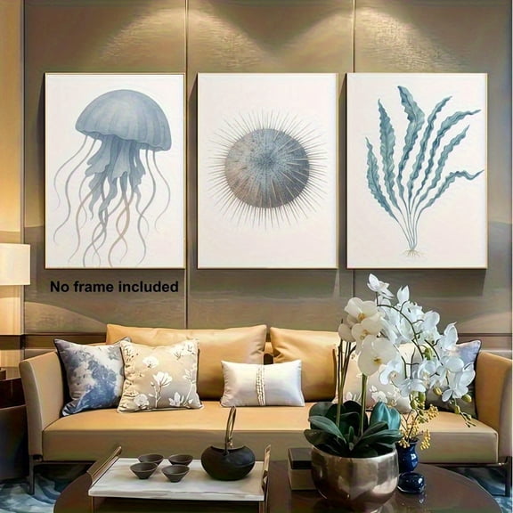 2D for FIAT, 3pcs Frameless Canvas Art Set, Living Room Decor with Blue Coast Watercolor Painting Featuring Seaweed and Sea Urchin, Marine Life Artwork in Nautical Style Design, Perfect Wall Decorat