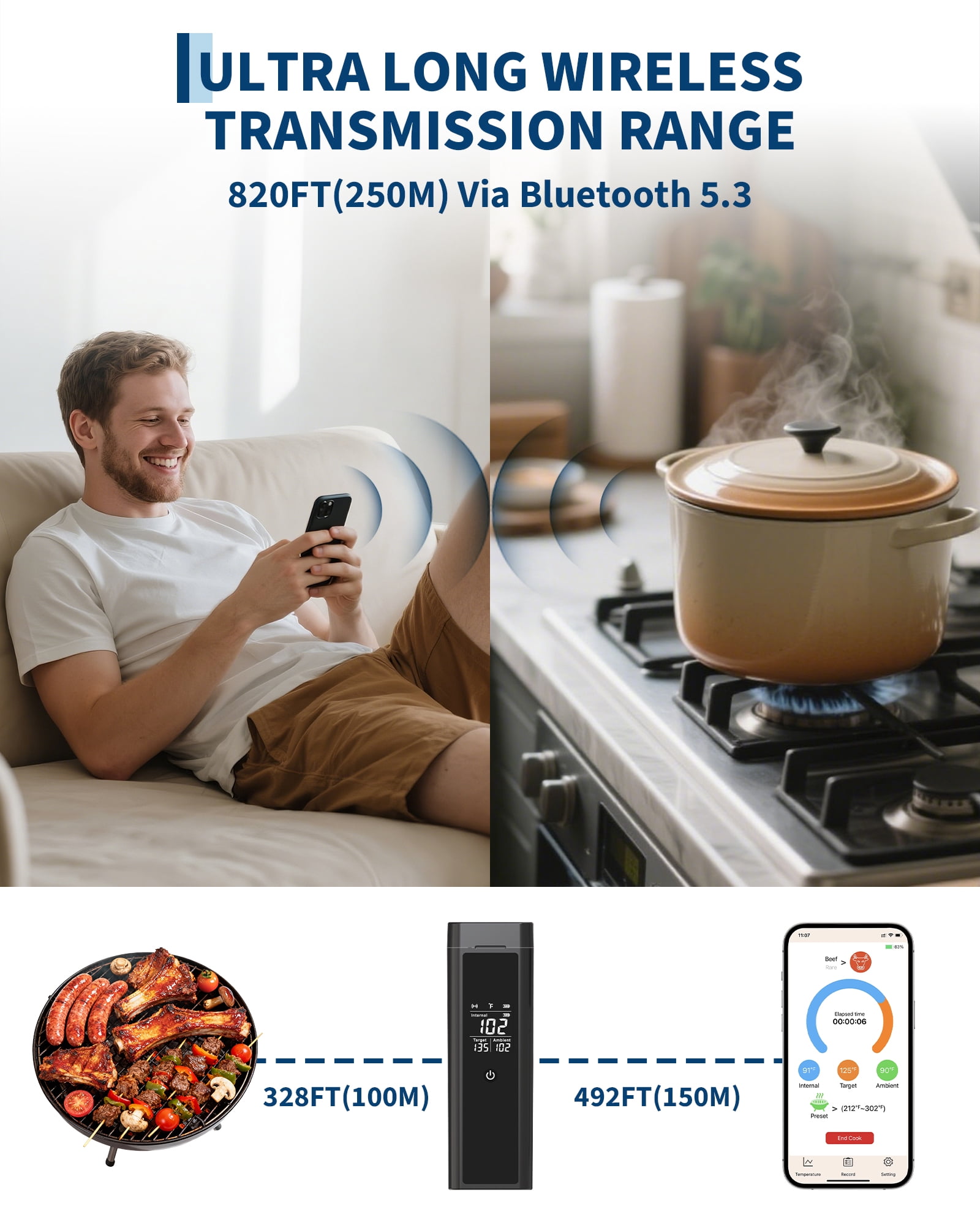 Wireless Wireless Meat Thermometer with Single Probe – 820ft Range, Digital Display, IP67 Waterproof, Dual Sensors, App Control, 48H Battery – Grill & Smoker Temp Gauge