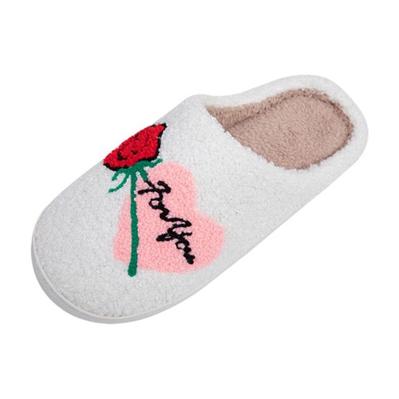 NOKIO Funny Fuzzy Slippers for Women Fashion Retro Rose Embroidered Slides Comfy Warm Soft Slippers S𝗅ip-On House Slide Bedroom Cotton Slippers for Holiday and Daliy