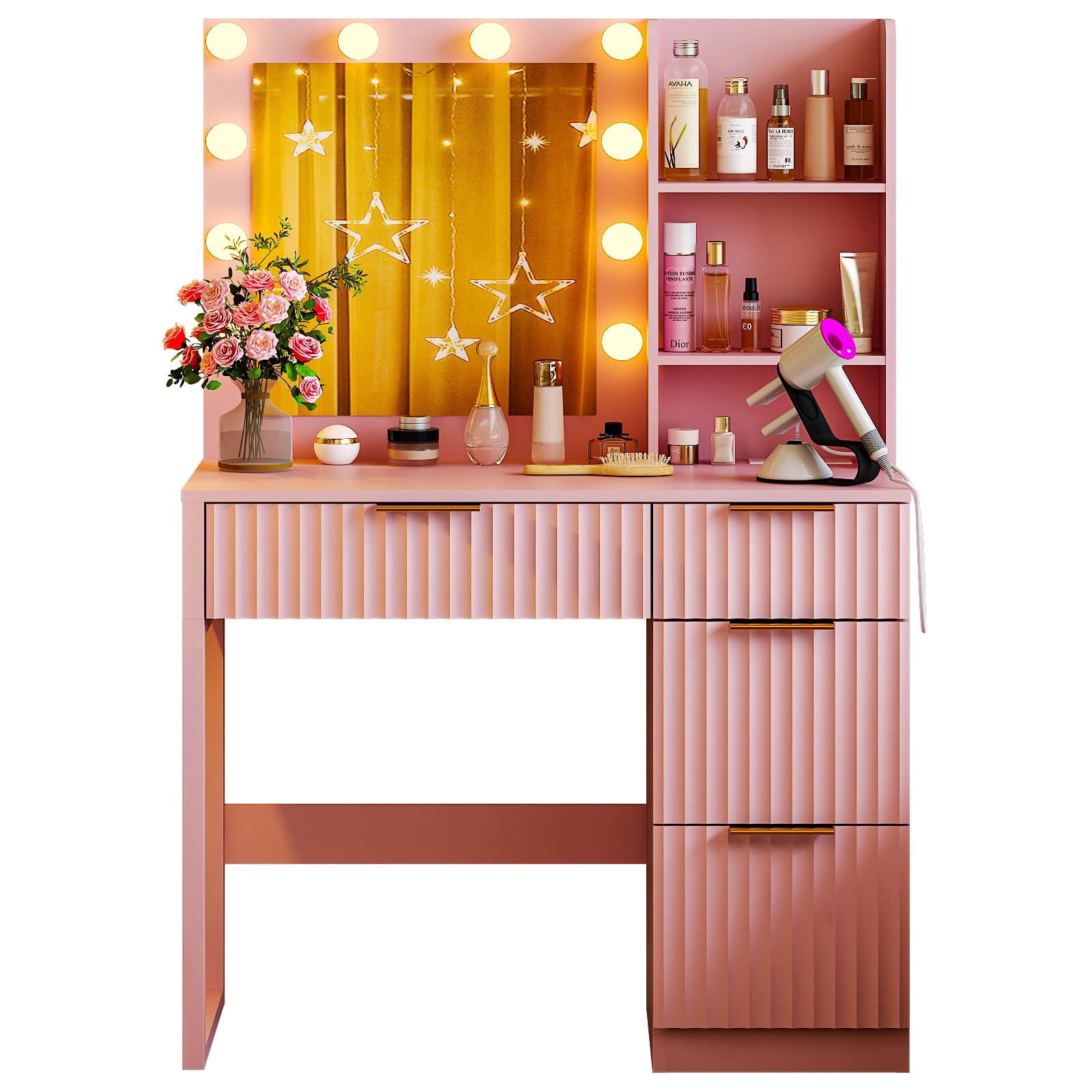 4-Drawer 2-Shelf Dressing Table with 10 Tri-Color Light Bulbs Particleboard with Textured Melamine Finish Power Strip and Dressing Table Grille-Finish Dressing Table, 33.46*15.75*29.53in, Pink