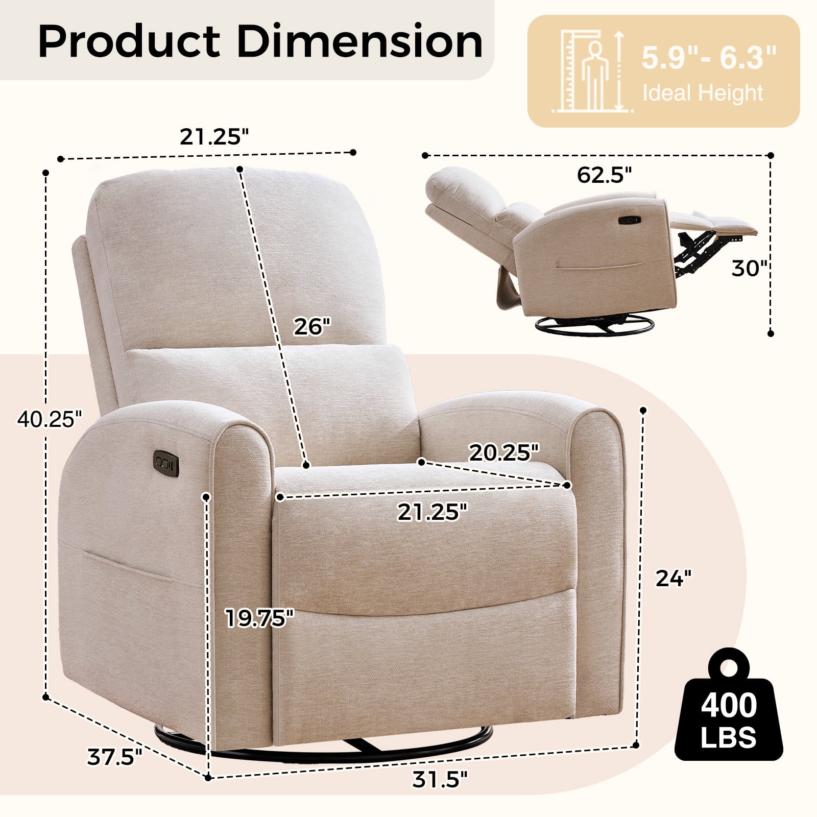 Aemeios Power Recliner Swivel Rocker Glider Chair Chenille Nursery Recliner, Camel