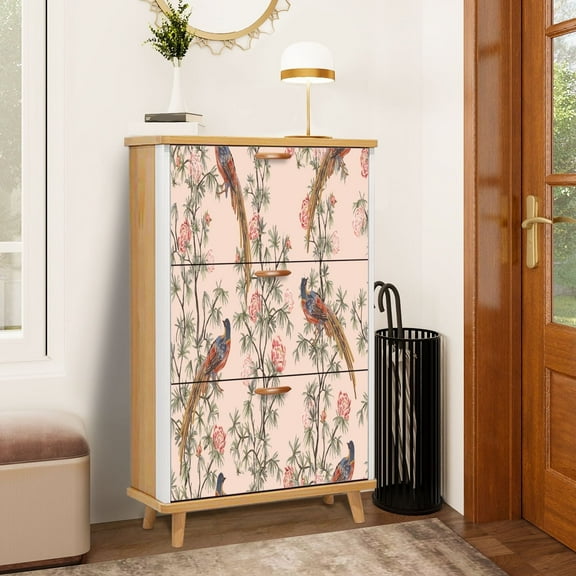 Shoe Storage Cabinet with 3 Flip Drawers for Entryway Beautiful exotic chinoiserie Hand drawn vintage chinese rose trees Shoe Rack Storage Organizer