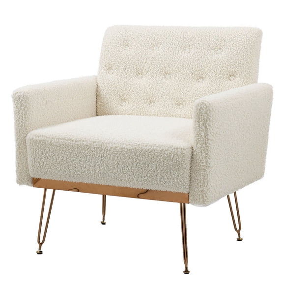 S-HOME Modern Teddy Armchair White Upholstered Chair with Gold Metal Legs for Living Room or Bedroom