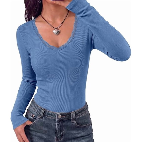 BTFBM Lace Deep V Neck Fitted Long Sleeve Shirts for Women | Womens Fall Fashion, Casual T Shirt, Base Layer, Basic Undershirts, Slim Fit Going Out Tops, Date Night Out Outfits