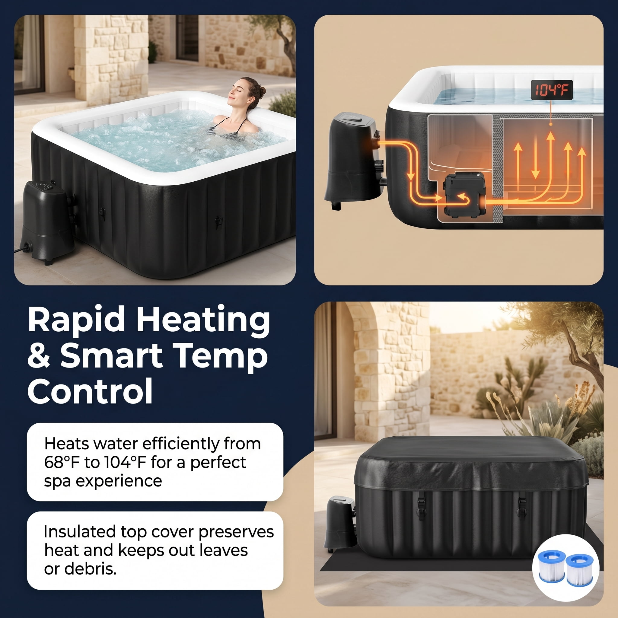 Ficisog Air Jet Inflatable Hot Tub for 2-4 Person, Portable Outdoor Blow Up Tub with Heater Pump and Insulated Cover, Square Family SPA Hot Tub, 185 Gallons, 110 Soothing Jets, 60" L X 60" W X 25" H