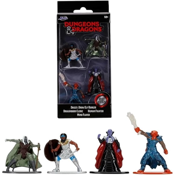 Ensemble de Miniatures en Métal Fantaisie, 4 Figurines RPG Moulées sous Pression – Elf Ranger, Créature Mentale, Clerc et Guerrier