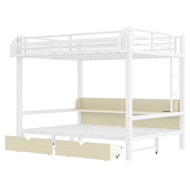 Queen-Over-Queen Metal Kids/Teens Bunk Bed with Basket, Drawers & Shelves, Storage Bed Frame with Charge Station & LED Lights