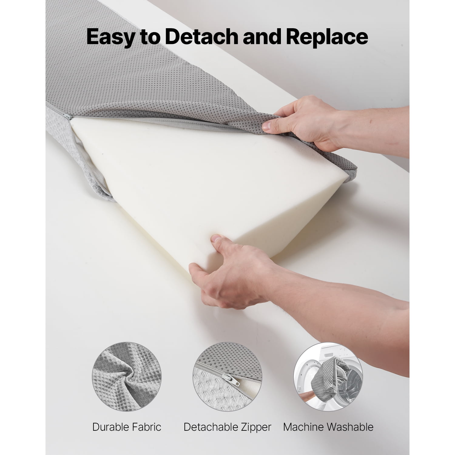 KFFKFF Bed Wedge Pillow for Headboard, Queen Size, 60"x10"x6" Gap Filler, Covers 0-7" Space Between Mattress and Headboard, Foam Cushion with Side Pocket, for Back Support, Gray