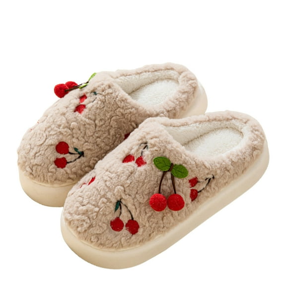 Lovskoo 2024 Women's Slippers for In Winter Cute Cherries Internet Personality Home Shoes Indoor Home Warm Thick-Soled Avoid Slipping Slippers Khaki