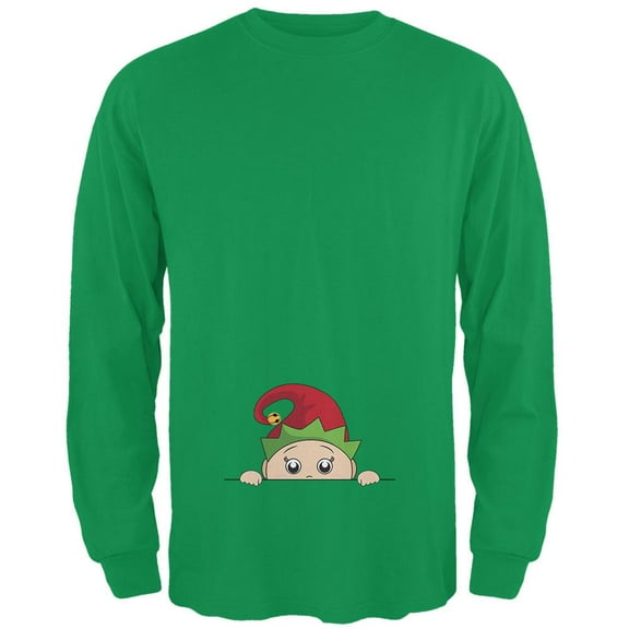 Christmas Peeking Baby Elf Green Mens Long Sleeve T Shirt Irish Green 3X-LG