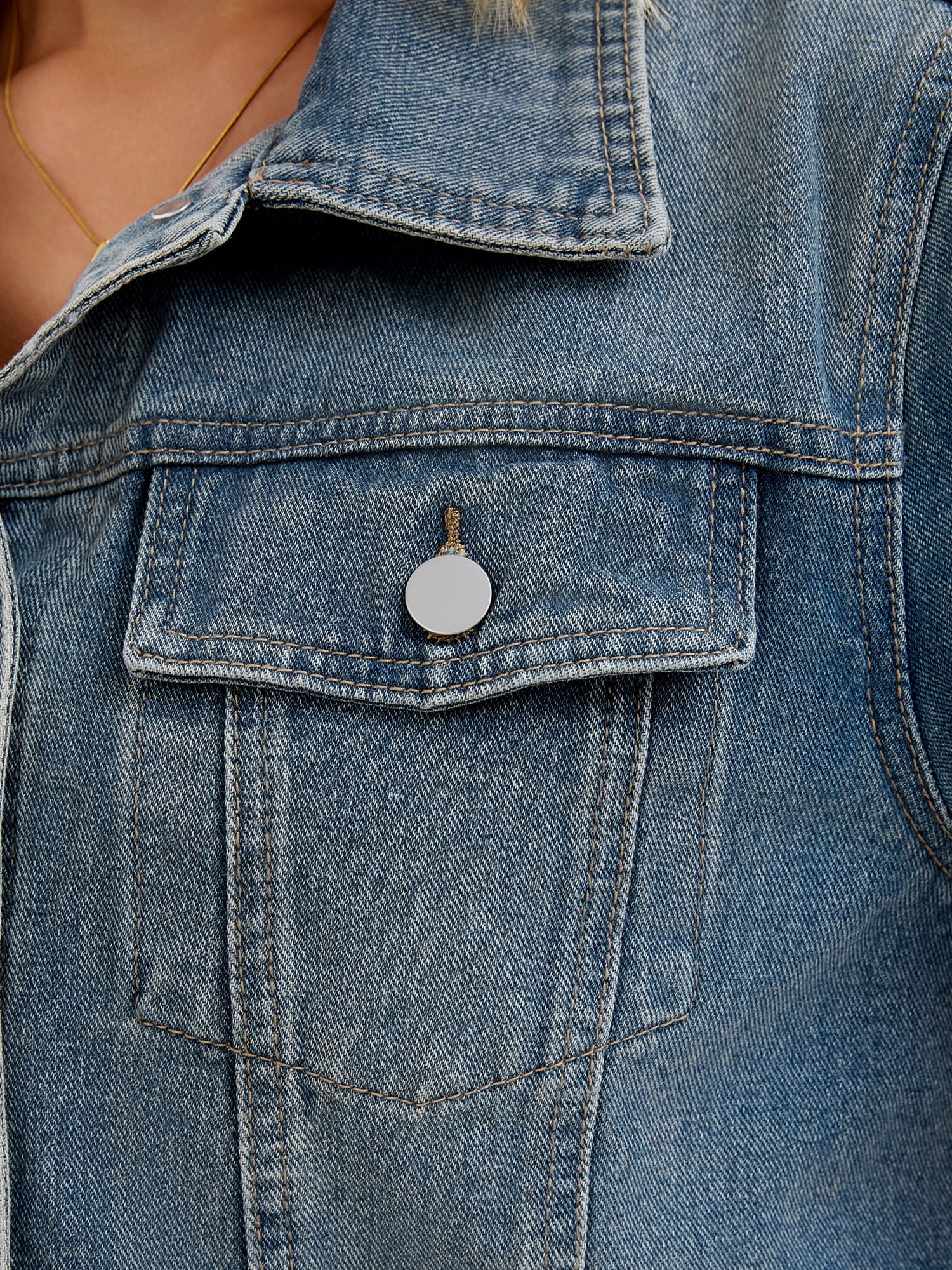 DARING DIVA Women's Short Sleeve Denim Collared Button Up Cropped Jean Jacket L Grey Blue