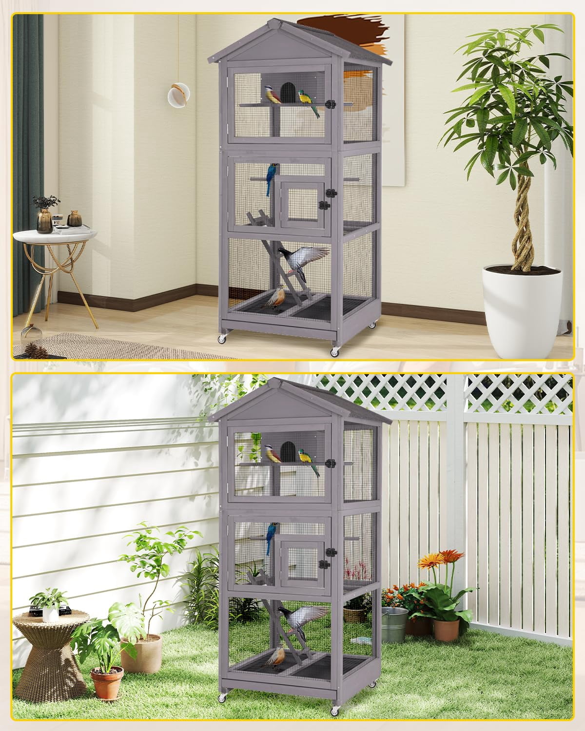 Aivituvin Wooden Large Bird Cage with Wheels – Mobile Outdoor Aviary with Play Stand, Perches & Nest, Easy-Clean Mesh Design