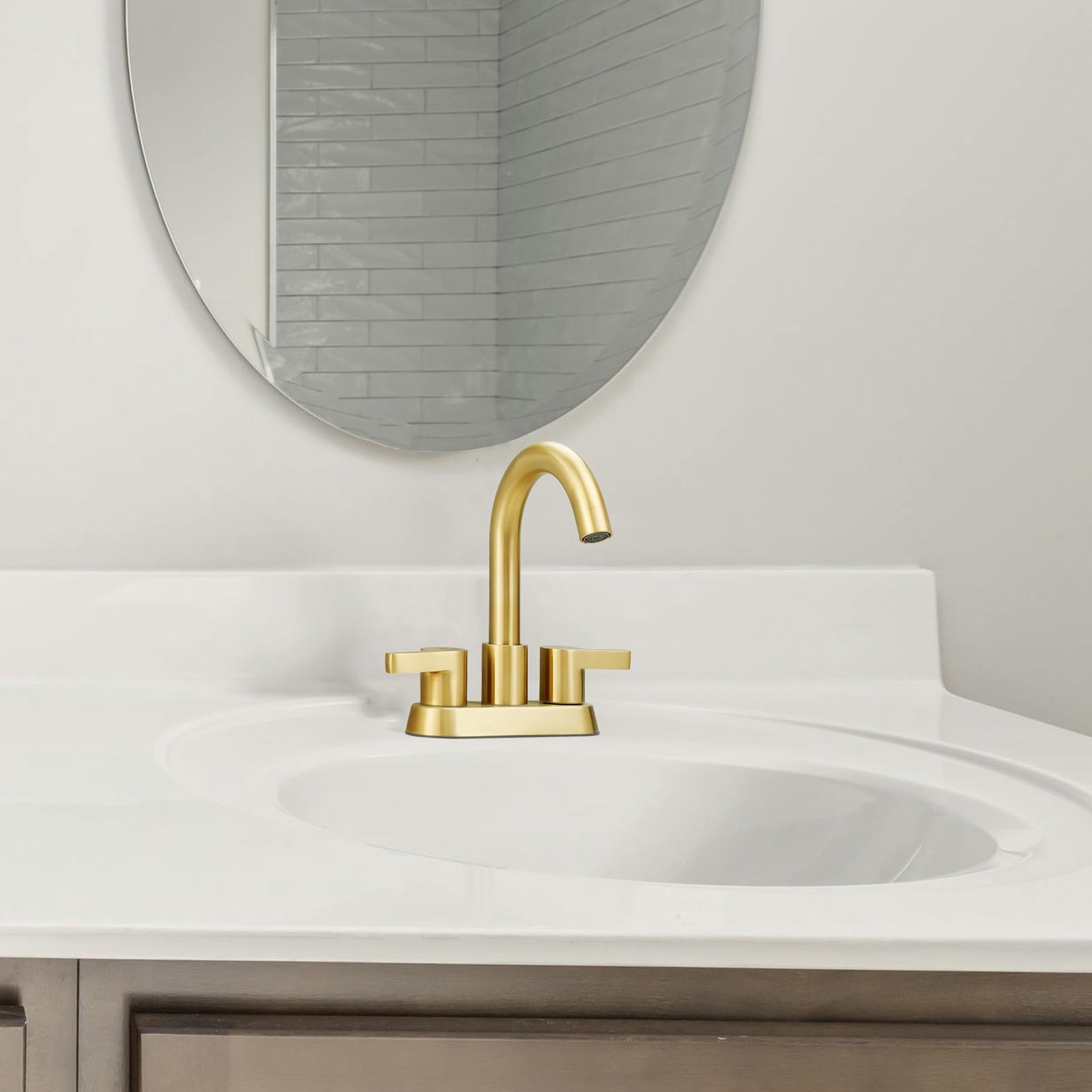 Cobbe Brushed Gold 4 Inch Centerset Bathroom Faucet, Bathroom Vanity Lavatory Faucets for Sink 3 Hole 2 Handle, Swivel Spout with Brass Drain Assembly