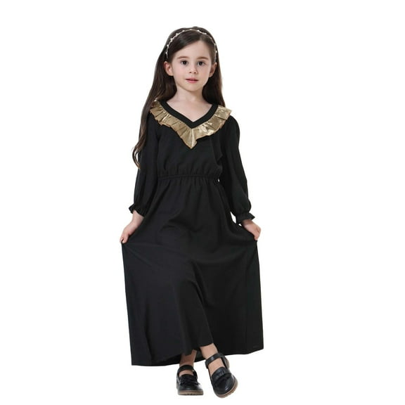Krdevn Girls Ethnic Abaya Dress - Elegant Long Sleeve Maxi with V-Neck, Ruffle Detail Modest Party Wear for Teen,10-11 Years