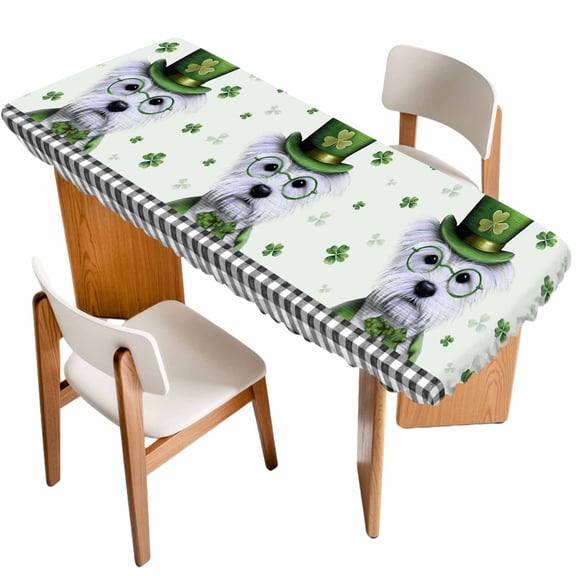St. Patrick's Day Table Cloths for 8 Foot Rectangle Tables, Cute Puppy Lucky Shamrock Black Plaid Patio Waterproof Elastic Fitted Tablecloths, Washable Rectangular Table Cover for Camping