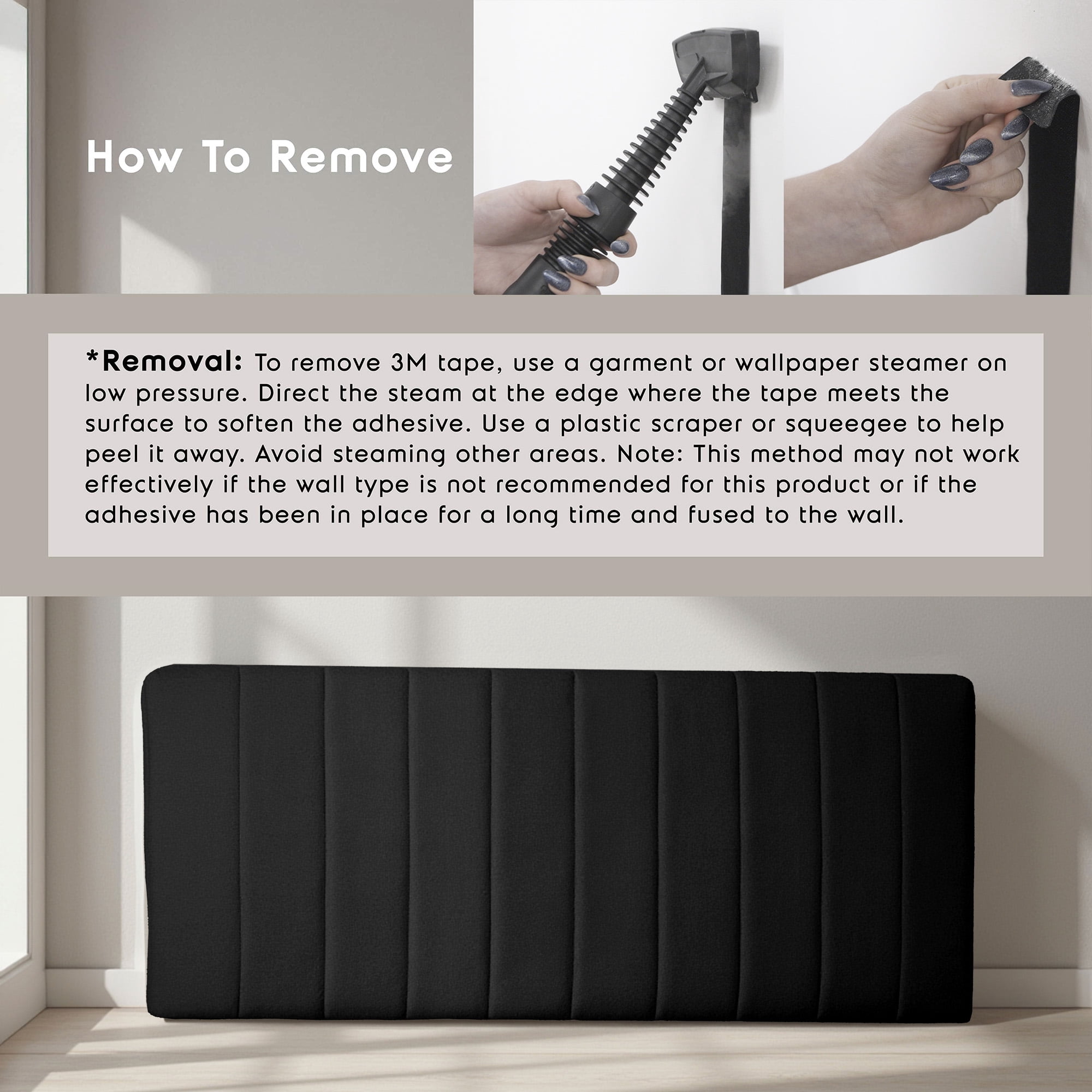 Virtu Upholstered King Headboard No Tools Required Peel and Stick Bed Headboard Only, Black
