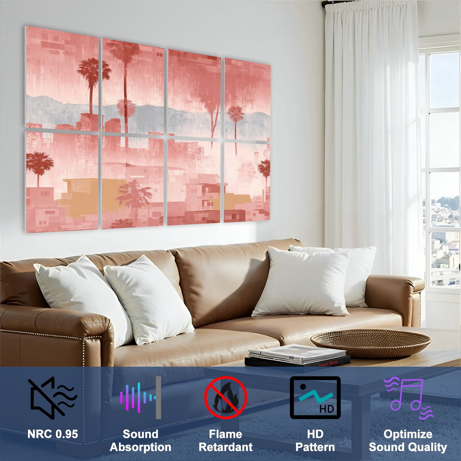 8 Pack Art Acoustic Panels Sound Absorbing Abstract Cityscape Palm Trees Soft Color Decorative Soundproof Wall Panels Self Adhesive for Nursery Game Room Bedroom 48"x32"