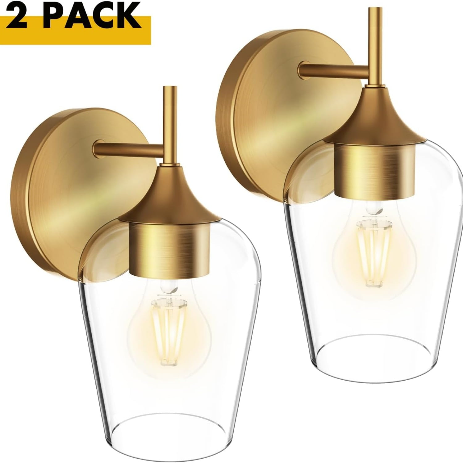 Gold Sconces Wall Lighting Set of 2, Bathroom Wall Lighting Fixtures Brass, Modern and Vintage Wall Lights with Clear Champagne Glass Shade for Bedroom,Fireplace,Hallway,Kitchen