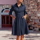 thumbnail image 1 of Vestido con cuello en V y solapa para mujer vestido midi de línea A de color liso vestido de viaje con dobladillo grande, 1 of 7