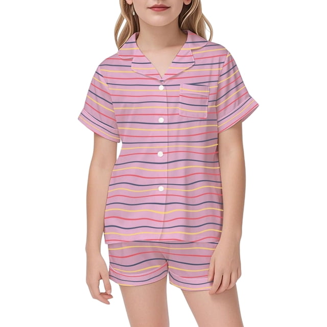 Pyjama pour Filles en Satin Doux à Rayures Ensemble de Pyjama Décontracté pour Confort Quotidien et Jeu