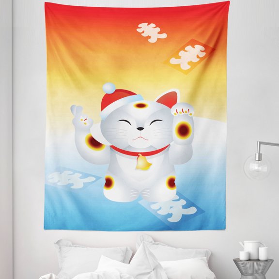 Japanese Cat Tapestry, New Year Cat Maneki Neko Luck Paws Eastern Tradition Ombre, Fabric Wall Hanging Decor for Bedroom Living Room Dorm, 5 Sizes, Vermilion Blue White, by Ambesonne