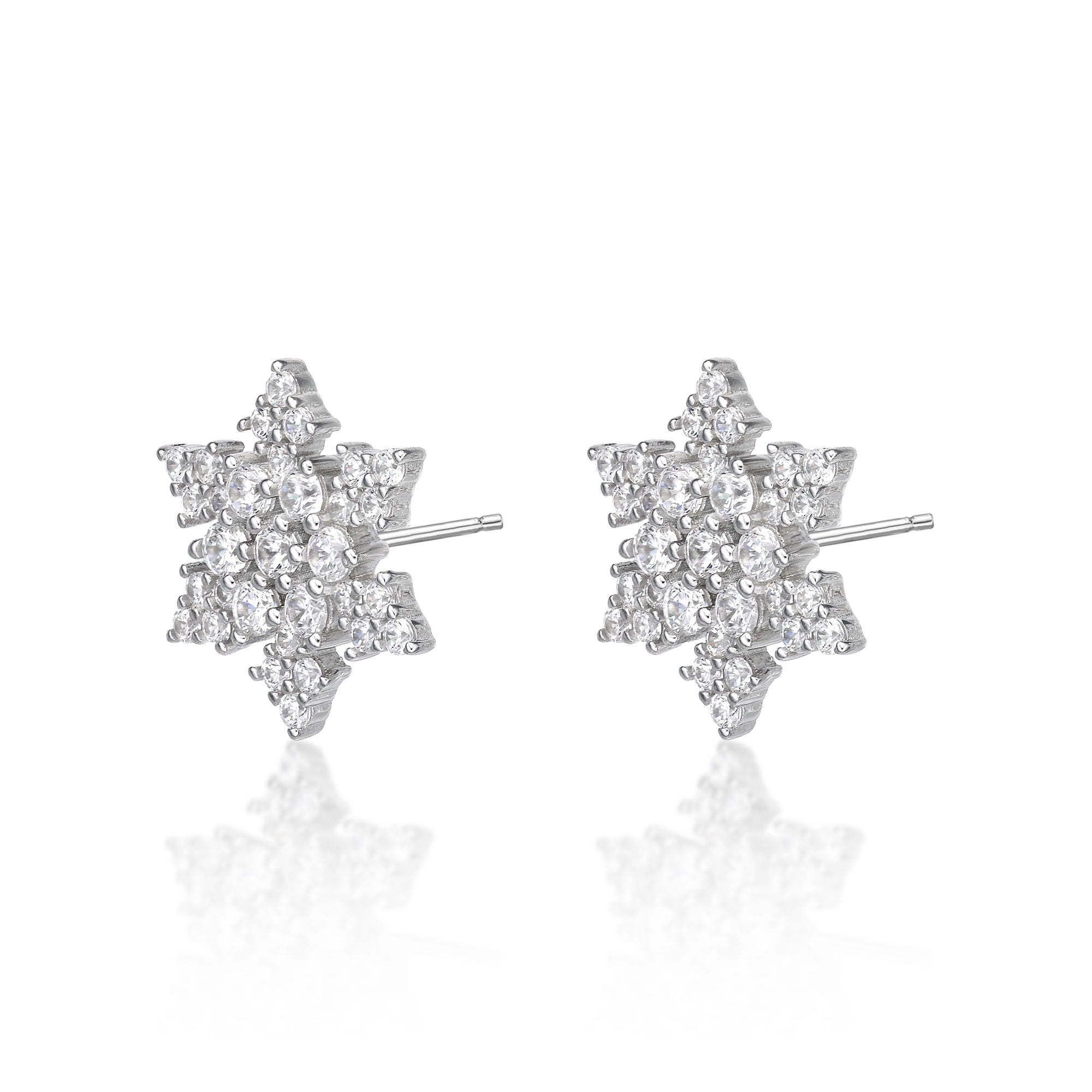 925 Sterling Silver Cubic Zirconia Snowflake Stud Earrings Post with Friction Back 13 mm